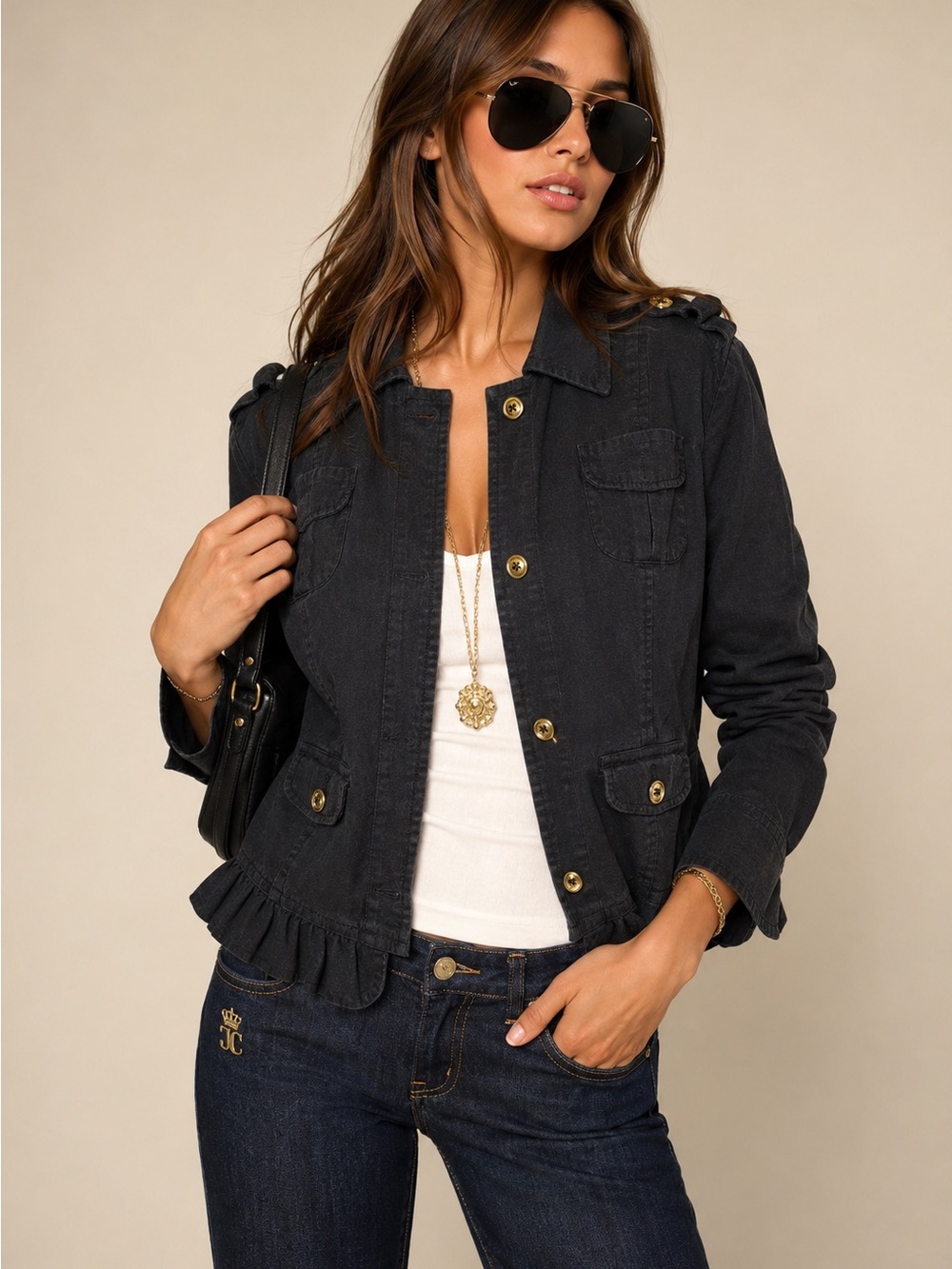 Juicy Couture Linen Blend Chic Military Utility Jacket Ruffle Hem 2012